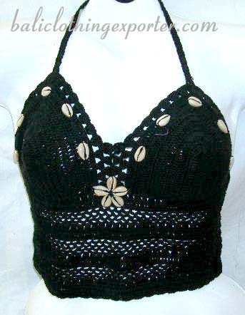 Aloha fashion wear, vacation apparel, ladies bali shirt, crochet halter top, thread art leisure wear, sexy knit apparel  